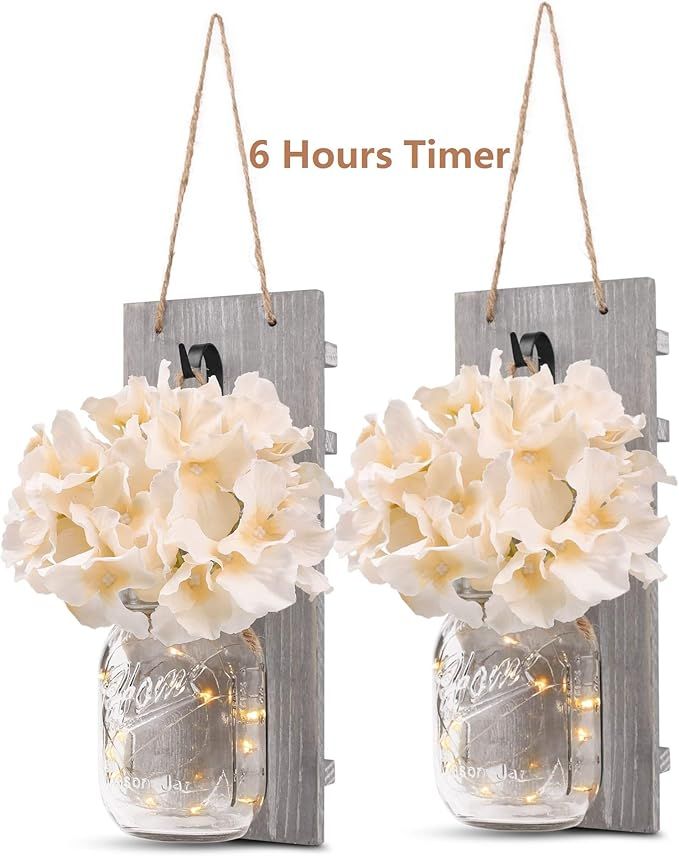 Rustic Wall Sconces - Mason Jars Sconce, Rustic Home Decor,Wrought Iron Hooks, Silk Hydrangea and... | Amazon (US)