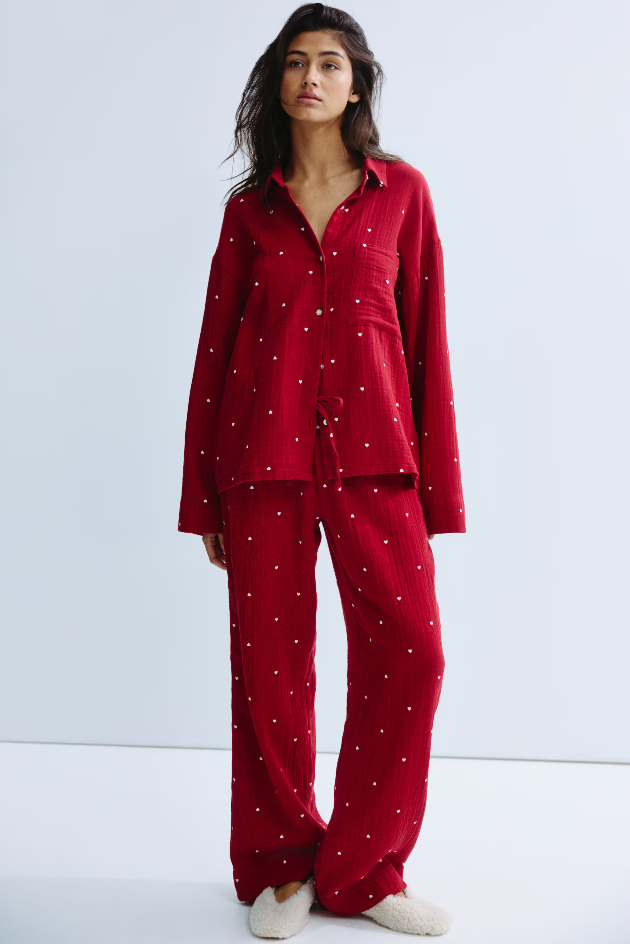 Pijama en muselina de algodón - Rojo oscuro/Corazones - MUJER | H&M ES | H&M (FR, IT, ES, PT, BE)