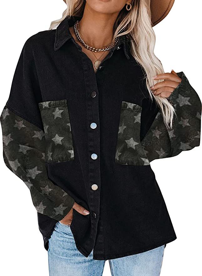 Happy Sailed Womens Leopard Contrast Denim Jackets Oversized Long Sleeve Button Down Jean Shacket... | Amazon (US)