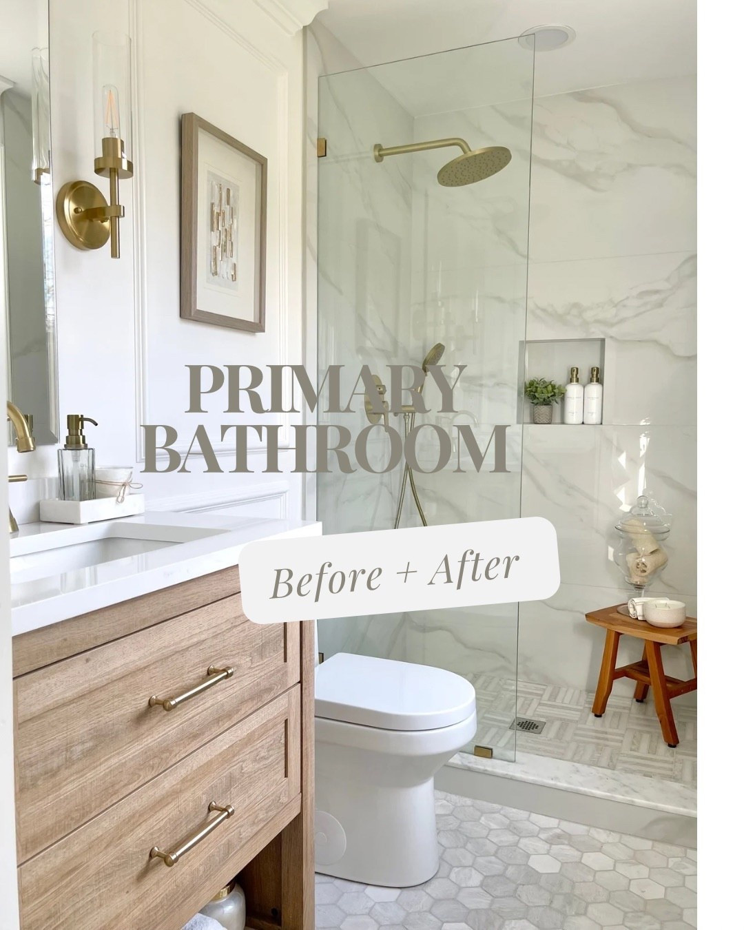 Mini but mighty. ✨
Same footprint — completely reimagined with warm wood, brass accents, and oversized tile to make the space feel bigger 

Proof you don’t need more space — just thoughtful design.
Shop the exact sources from our primary bath refresh. 🤍

#LTKHome