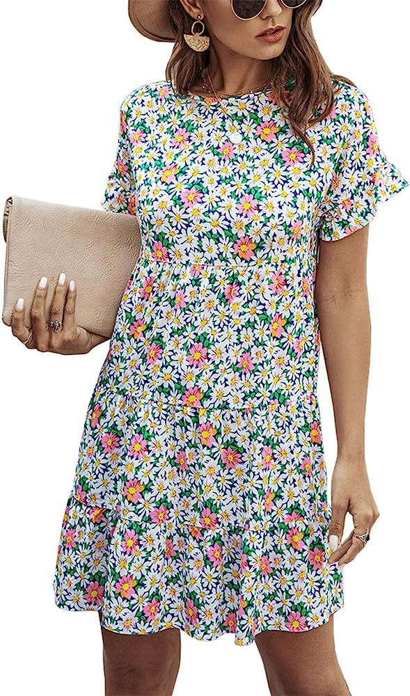 KIRUNDO 2021 Summer Women’s Ruffle Mini Dress Short Sleeves Leopard Floral Round Neck Loose Ple... | Amazon (US)