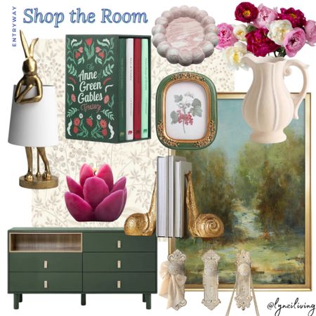 Shop the Room - Entryway 

Entryway styling, entryway decor, entryway table styling, entryway inspiration, entryway inspo, entryway design, floral beige wallpaper, floral wallpaper, Wayfair wallpaper, gold table lamp, rabbit table lamp, bunny table lamp, dark green console table, dark green entryway table, fuchsia candle, flower candle, door knob coat hooks, shabby chic coat hooks, landscape wall art, gold framed wall art, and author furniture, Wayfair wall art, Anthropologie home, Amazon home, Amazon finds, temu finds, pitcher vase, fuchsia flowers, flower bouquet, pink cloud candle plate, pink cloud candle tray, green picture frame, small picture frame, penguin classics books, Anne of green gables book set, gold snail bookends, whimsical home decor, fantasy home decor, whimsical lamp, whimsical bookend 

#LTKhome