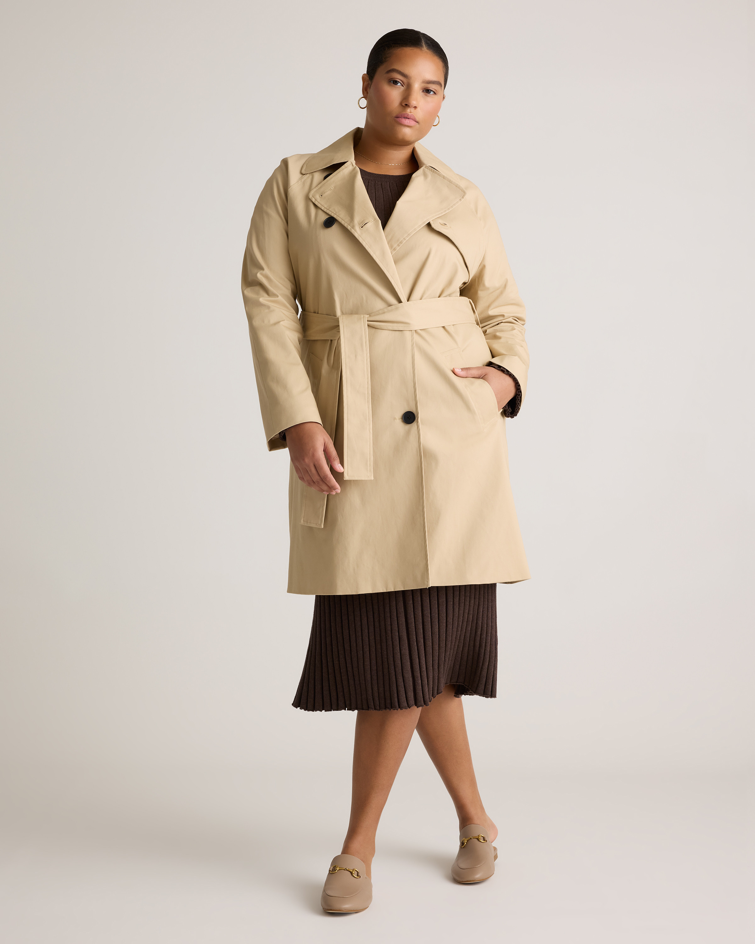 Quince | Women's Comfort Stretch Trench Coat in Light Khaki, Size XS, Organic Cotton | Quince