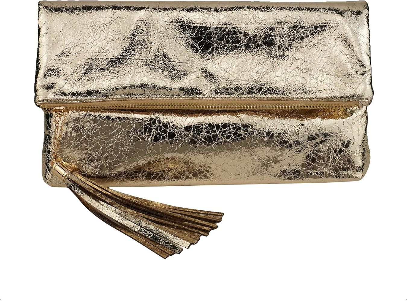 JNB Women's Cracked Metallic Fabric Foldover Clutch with Tassel | Amazon (US)