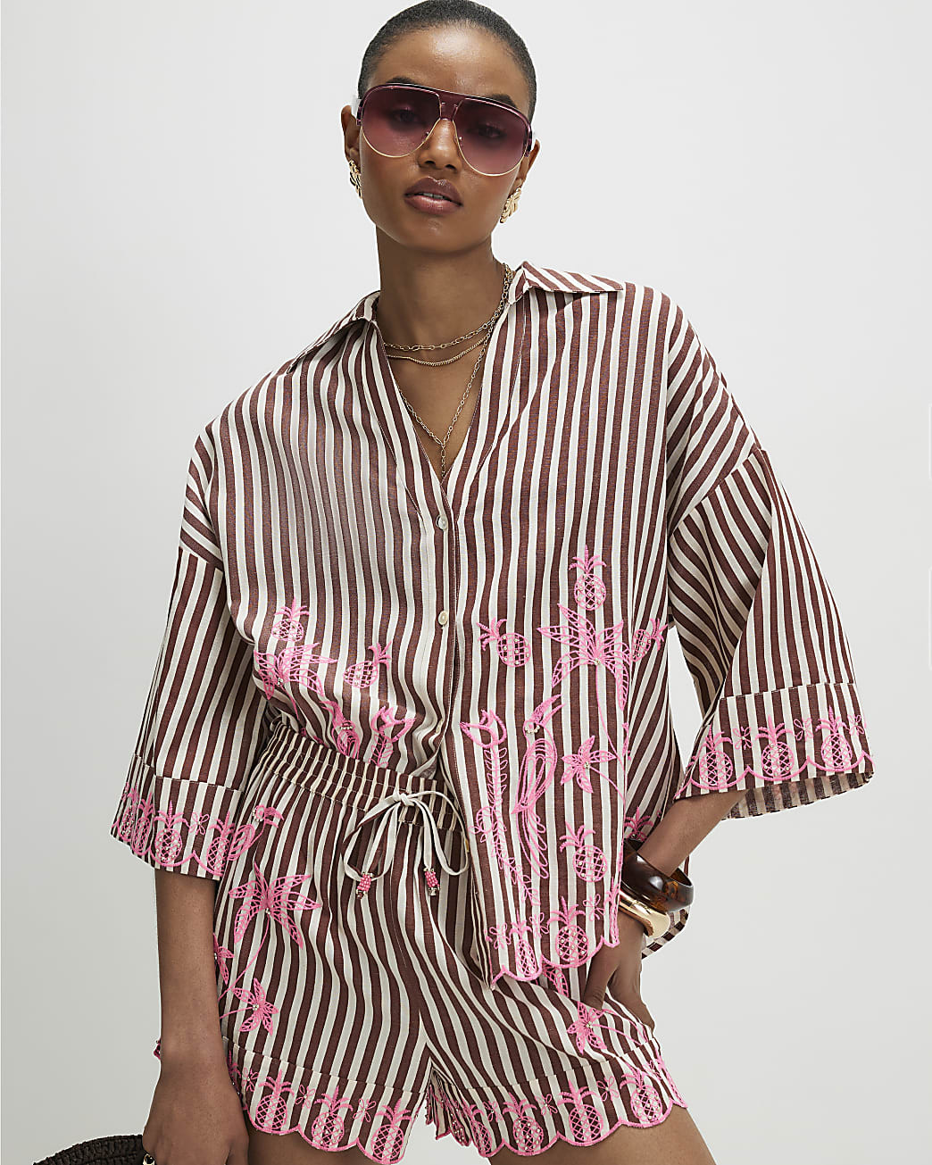 Brown Cotton Blend Stripe Toucan Shirt | River Island UK & IE