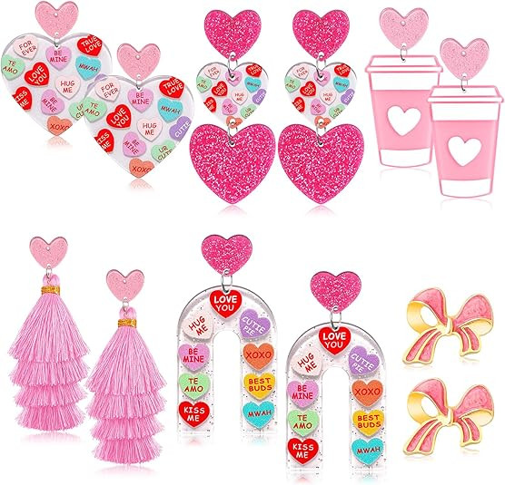 6 Pairs Valentine's Day Earrings for Women, Valentines Heart Earrings Arch Bow Tassels Holiday Da... | Amazon (US)