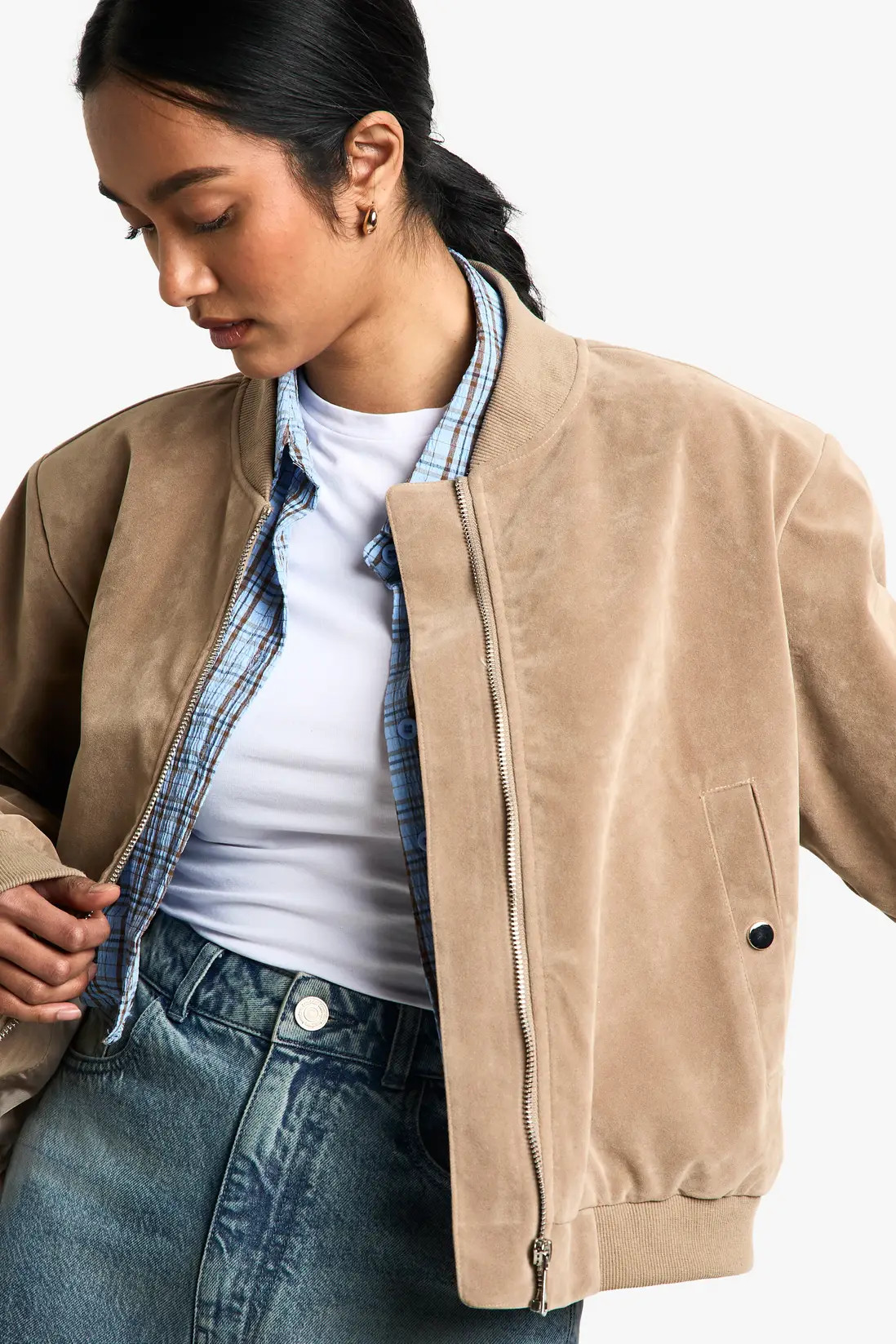 Stone Suede Look Shoulder Pad Bomber Jacket | Boohoo | Boohoo.com (UK & IE)