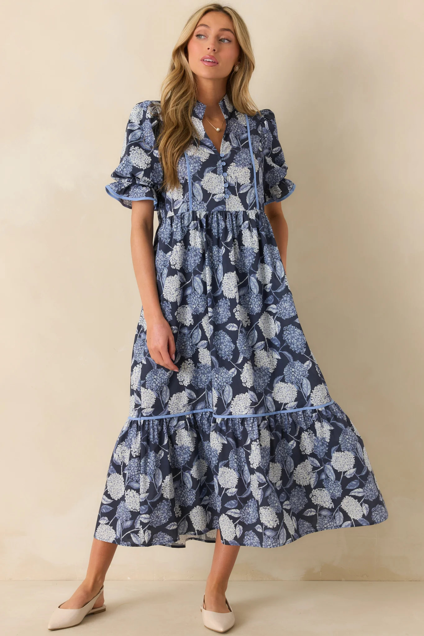 Setting The Pace Blue Hydrangea Floral Print Cotton Maxi Dress | Red Dress