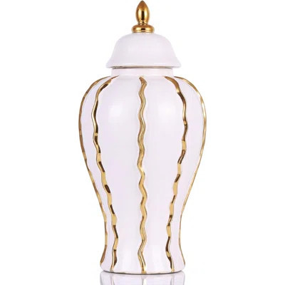 18.1" White and Gold Ceramic Ginger Jar Vase with Lid Modern Luxury Home Décor | Wayfair North America
