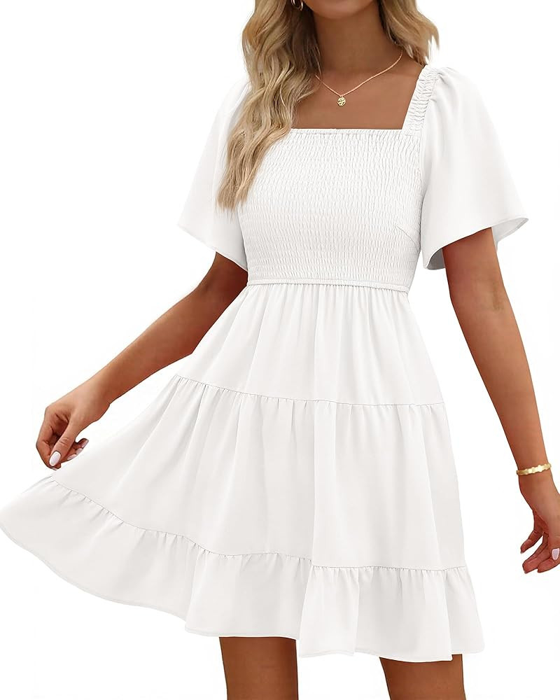 BTFBM Womens Summer Smocked Mini Dress Spring Square Neck Flutter Sleeve Casual Ruffle Swing Boho... | Amazon (US)