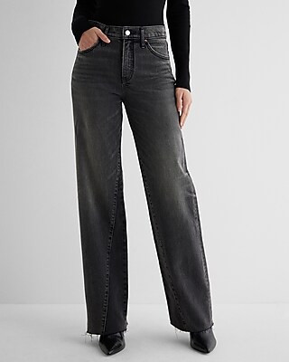 High Waisted Washed Black Raw Hem Wide Leg Jeans | Express