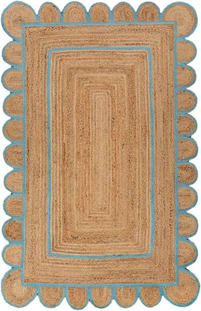 Sky Blue Natural Scalloped Jute Area Rug Bohemian Scallop Boho Decor Area Handwoven Custom Rugs D... | Amazon (US)