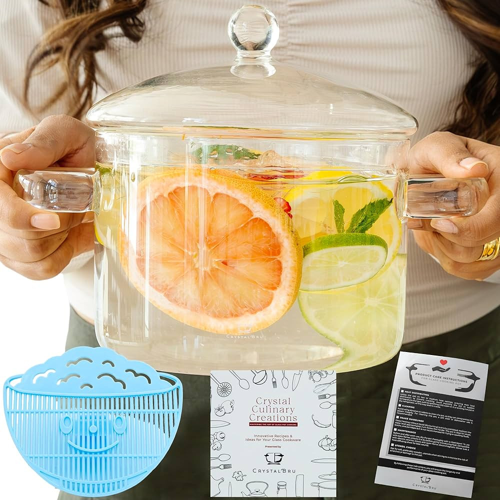 2L Clear Glass Simmer Pot with Lid & Strainer | Heat-Resistant Borosilicate Glass Pot for Pasta, ... | Amazon (US)