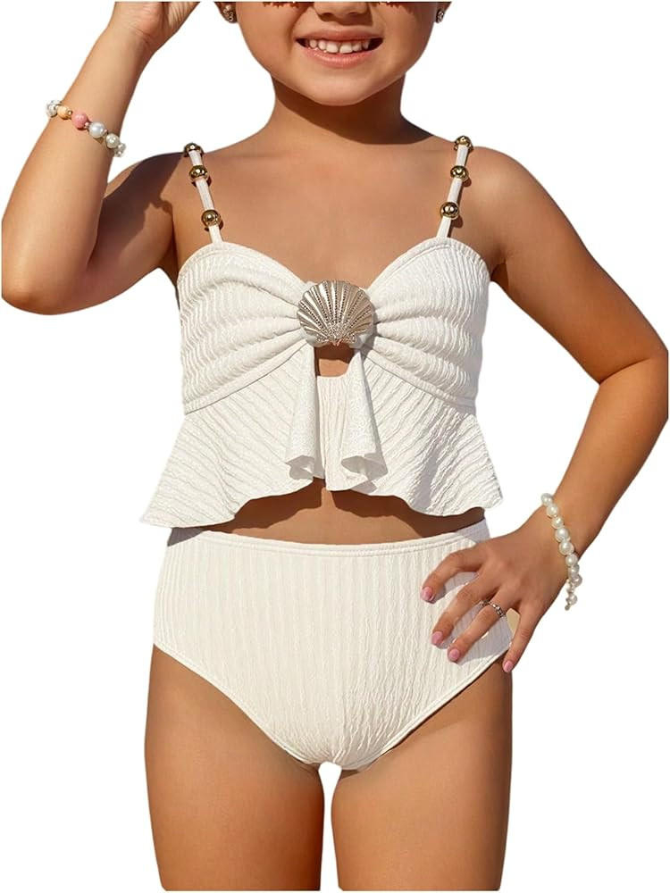 MakeMeChic Toddler Girl's Two Piece Swimsuit Seashell Ruffle Textured Beach Bikini Set | Amazon (US)