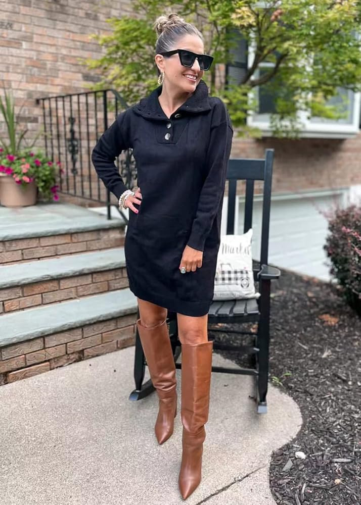 KIRUNDO Women’s Long Sleeve Turtleneck Sweater Dress Button Down Solid Lapel Knit Mini Dress Winter  | Amazon (US)