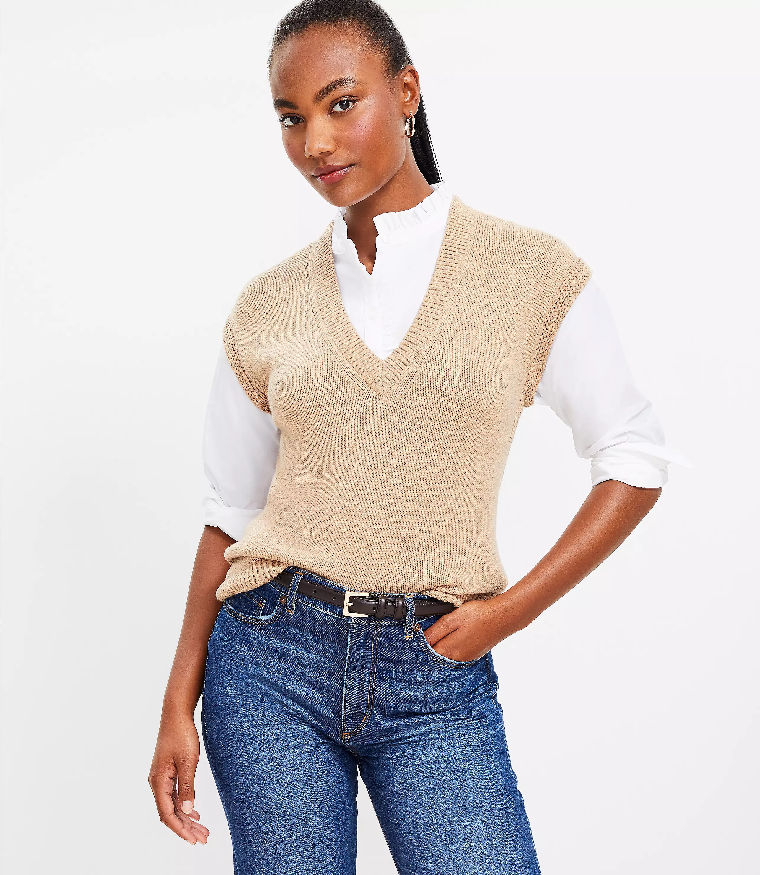 Petite Ruffle Collared Tunic Sweater Vest | LOFT