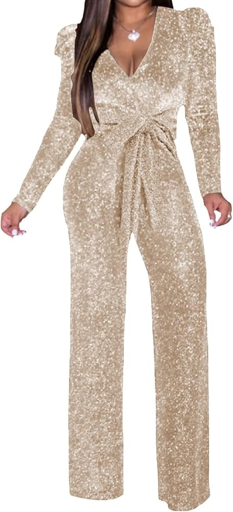 Women's Sparkly Jumpsuits Sexy Long Sleeve Cocktail Elegant Mock Neck Bodycon Straight Long Pants... | Amazon (US)