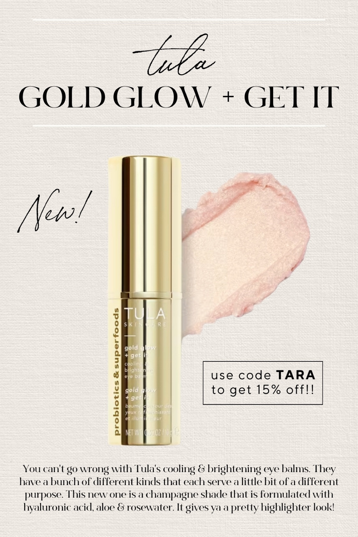 Tula’s new eye balm!! Such a pretty color. Use code TARA for 15% off. @tula

#LTKunder50 #LTKbeauty