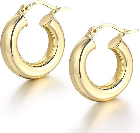 LANCHARMED Chunky Hoop Earrings,Classic Thick Shiny Polished Round-Tube Lightweight Hoop Earrings... | Amazon (US)