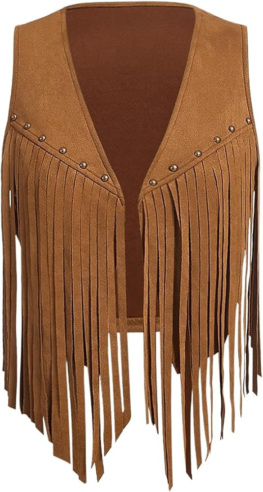 Verdusa Women's Fringe Vest Crop Jacket 70s Hippie Faux Suede Tassel Cardigan | Amazon (US)