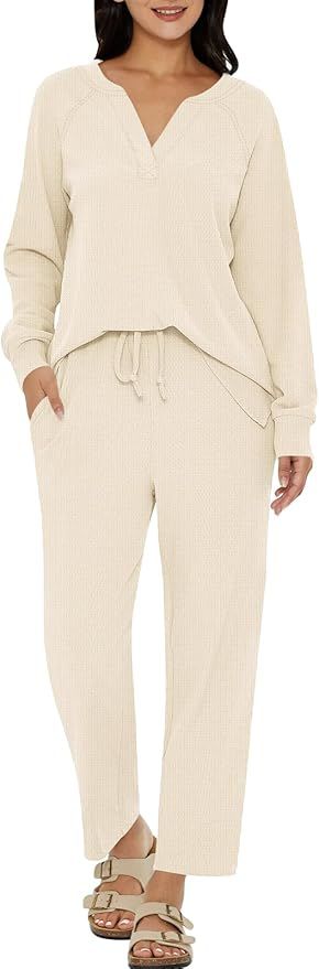 DEEP SELF Womens Waffle Knit Pajama Sets Long Sleeve Sleepwear and Long Pants Soft Pjs Loungewear... | Amazon (US)