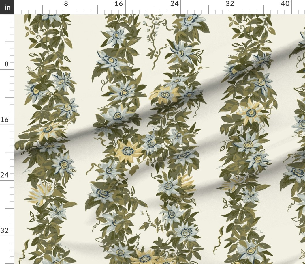 Fabric in Garlow Foliage Blue Center Green Leaf On White Dove | Spoonflower