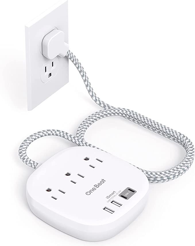 Flat Plug Power Strip, 5ft Ultra Flat Extension Cord - 3 Outlets 4 USB Ports (2 USB C) 22.5W/4.5A... | Amazon (US)