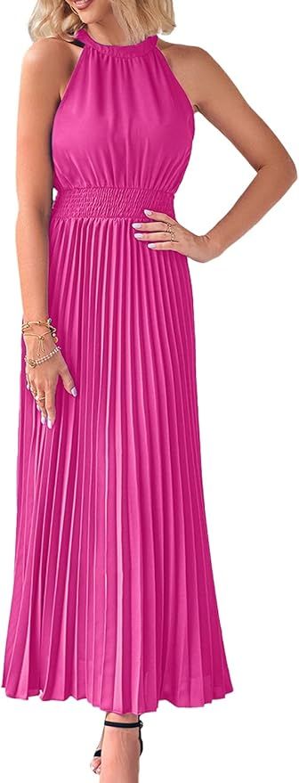 PRETTYGARDEN Women's Long Summer Sun Dresses 2023 Sleeveless Halter Neck Flowy Pleated Maxi Cockt... | Amazon (US)