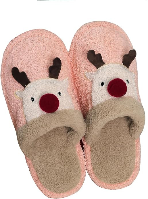 Women's Christmas Reindeer Fuzzy Cute Warm House Slippers Stuffed Animal Bedroom Indoor Shoes | Amazon (US)