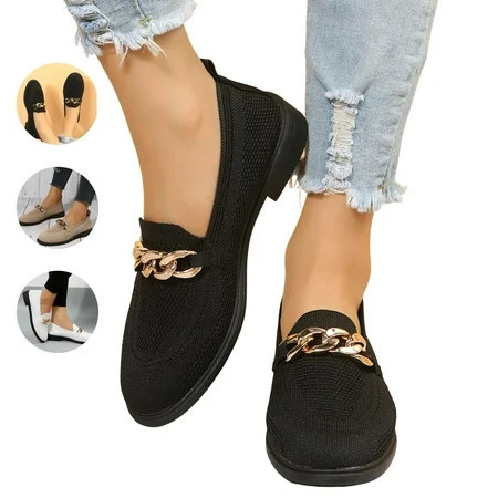 BERANMEY Metal Gold Chain Decor Slip-on Loafers for Women Shoes Comfortable Casual Non Slip Flats for Women Ladies Soft Work for Women s Loafers & Slip-ons Black | Walmart (US)