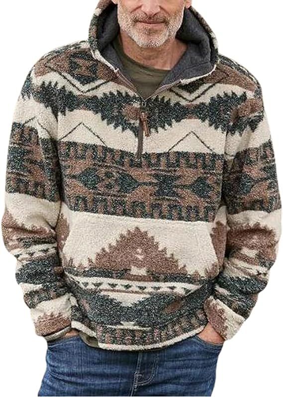 chouyatou Men's Tribal Aztec Printed 1/4 Zip Fuzzy Sherpa Pullover Sweatshirt Hoodie | Amazon (US)
