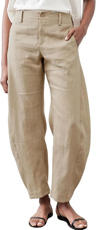 Womens Linen Barrel Pants Baggy Wide Leg Palazzo Trousers | Elastic Waist, 2 Pockets, Button Clos... | Amazon (US)