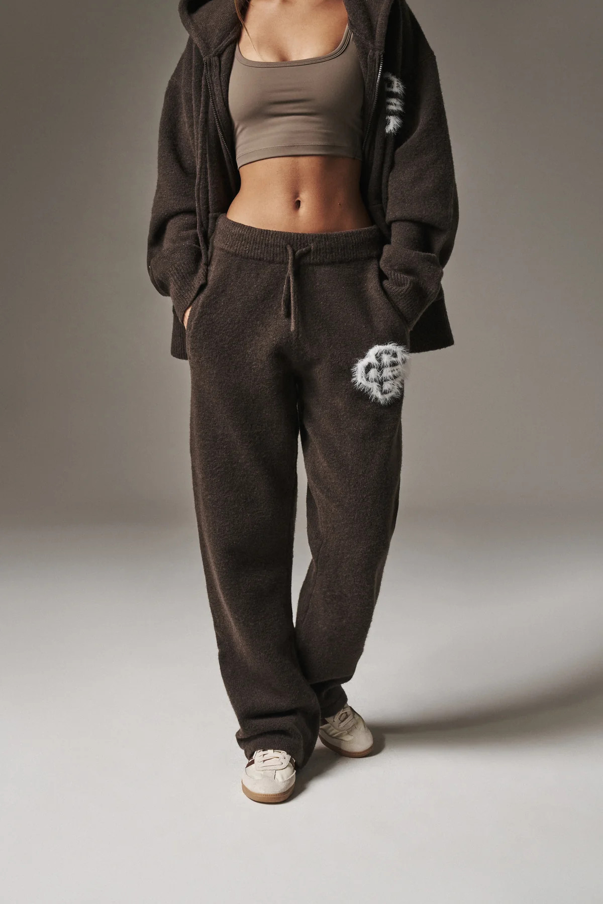FLUFFY EMBLEM KNITTED JOGGERS - BROWN | The Couture Club