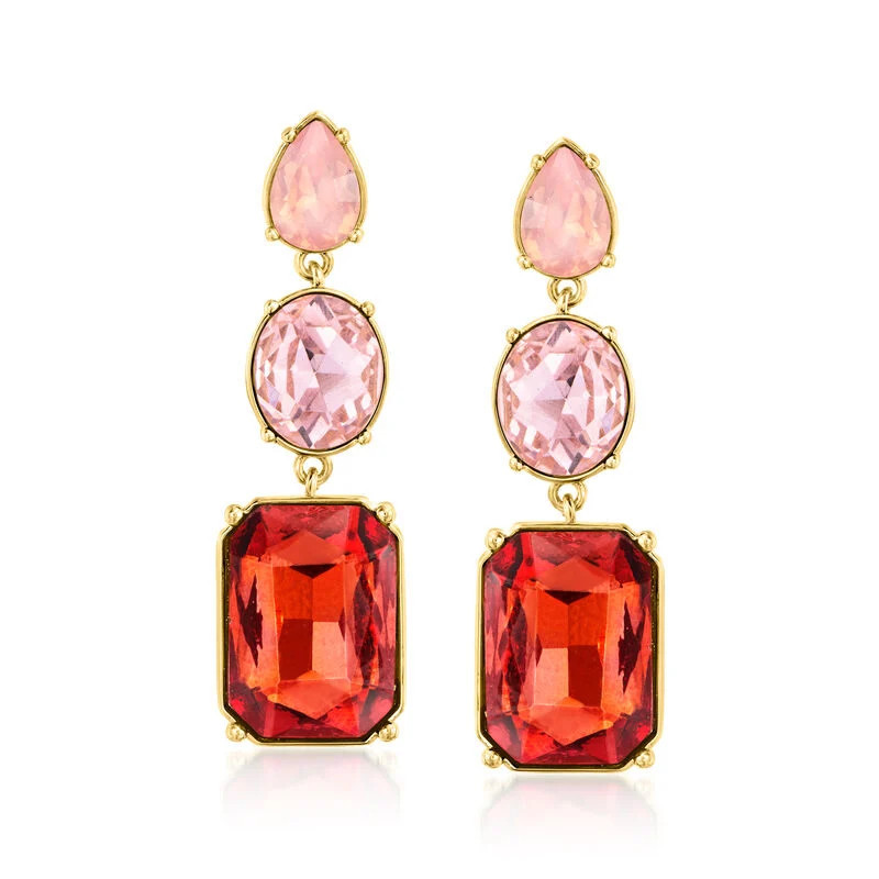 14kt Yellow Gold-Plated Drop Earrings with Simulated Tonal Pink and Red Gemstones | Ross-Simons