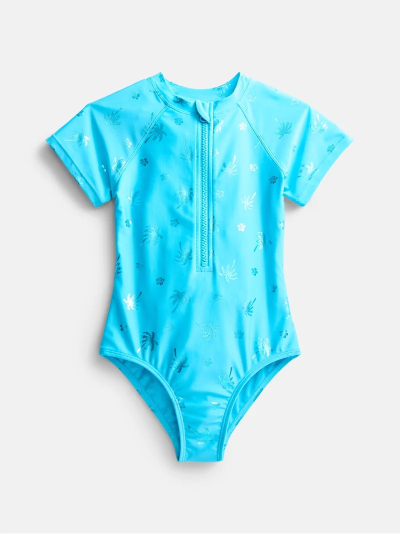 Wonder Nation Girls Zip Rash Guard Swimsuit with Short Sleeves, Sizes 4-16 | Walmart (US)