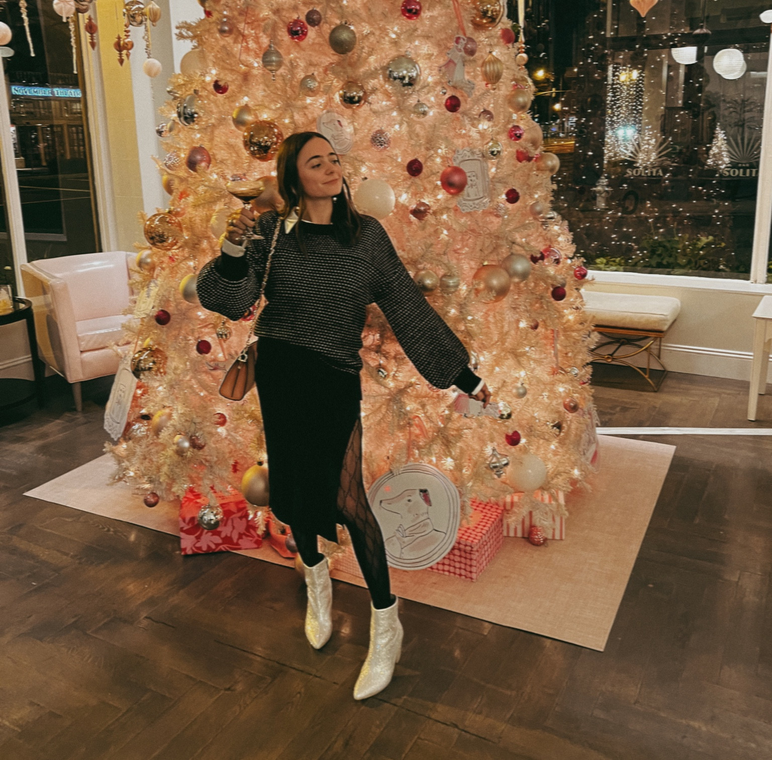 Holiday happy hour outfit! Rhinestone boots, black pencil skirt, summersalt sweater. Sweater on sale! 

#LTKsalealert #LTKSeasonal #LTKHoliday