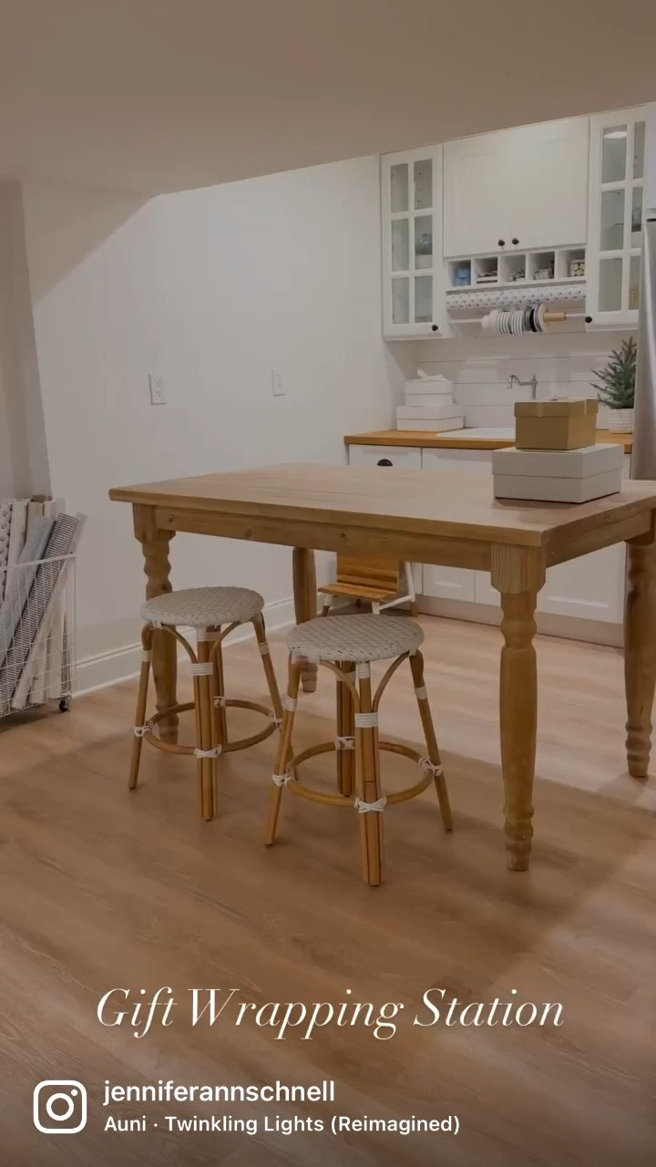 I turned my basement wet bar into a gift wrapping station by adding a hamper and $6 tension curtain rods from Target.

Gift wrapping ideas, holiday decor, Christmas decor, wood dining table, counter height table, wood kitchen island, basement kitchenette, craft room, finished basement, basement decor, rattan counter stools, Serena & Lily, Wayfair, Target, luxury vinyl plank flooring, ribbon, wrapping paper, coastal decor, coastal home, ship lap backsplash

#LTKHoliday #LTKhome #LTKstyletip