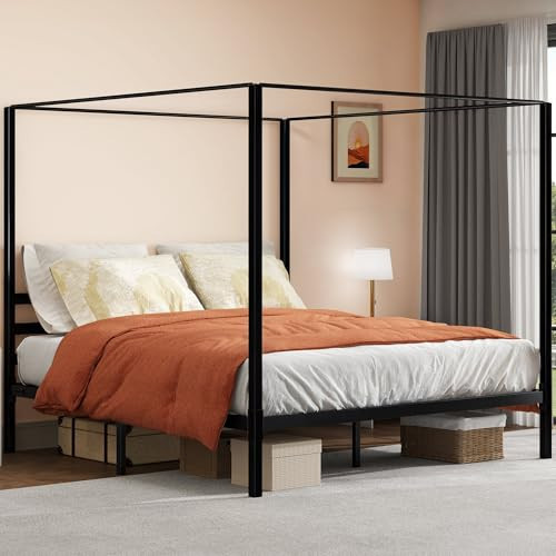 DWVO Canopy Bed Frame King, Four Poster Bed with Built-in Headboard, 14 Inch Platform Bed with Metal Slat, Noise Free, No Box Spring Needed, Black | Amazon (US)