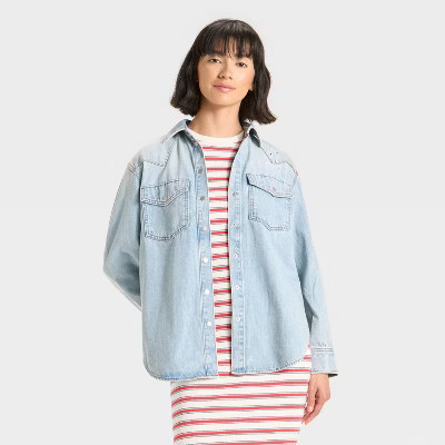 Women's Long Sleeve Star Embroidered Western Shirt - Universal Thread™ Light Wash | Target