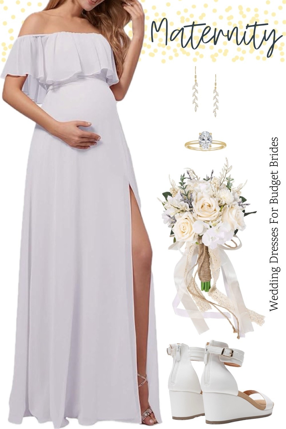 Affordable long white wedding dress and accessories outfit idea. All on Amazon for the pregnant bride to be. 

This maternity gown could also work for engagement photos, rehearsal dinner, or as a reception dress.

#LTKWedding #LTKBump #LTKBaby