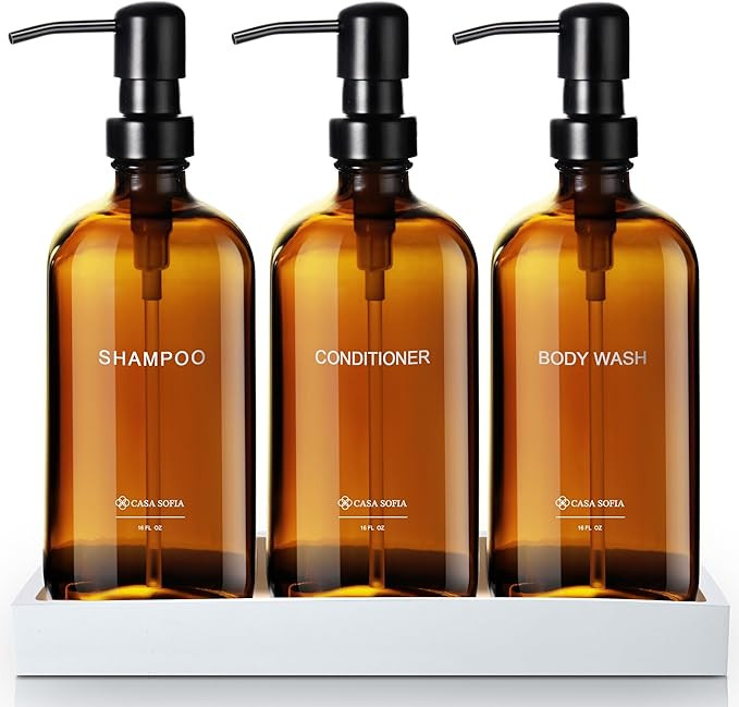 Amber Glass Shampoo and Conditioner Dispenser Set – Refillable 16 OZ Bottles with Pump, Concret... | Amazon (US)
