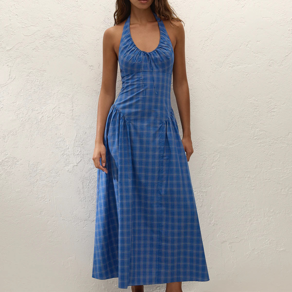 Del Ros Midi Dress Flor Check Cobalt | Faithfull (AU)