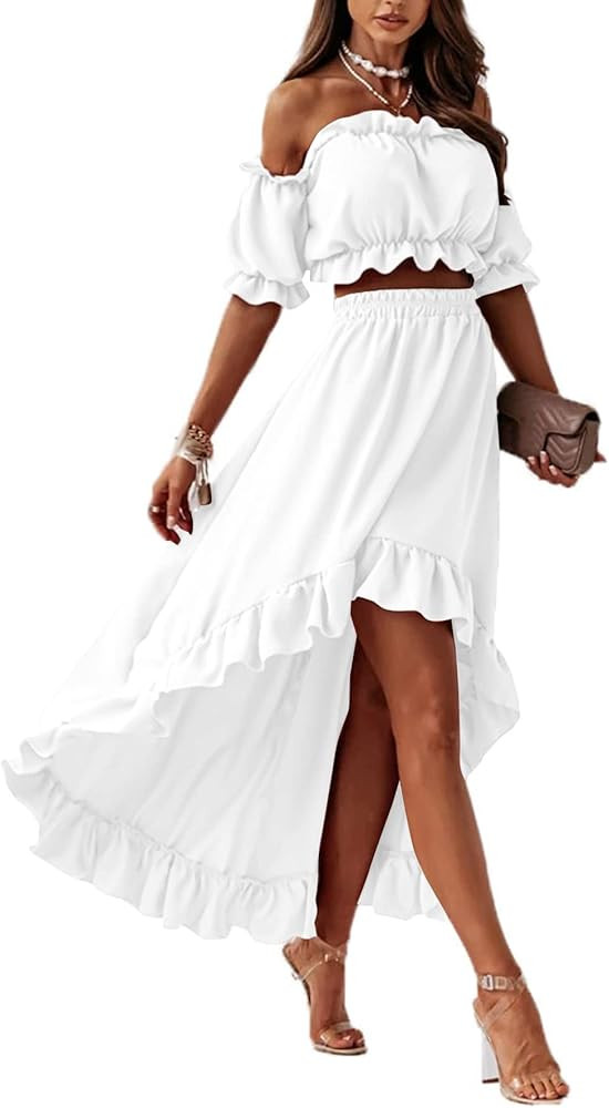 LYANER Women's Two Piece Outfits Off Shoulder Crop Top and High Low Skirt Set | Amazon (US)