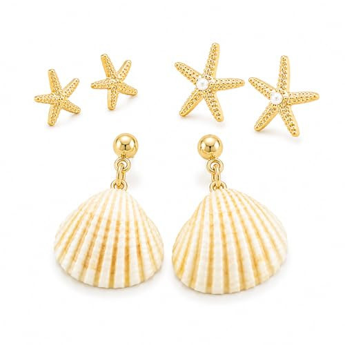 3 Pairs Starfish Shell Earrings for Women, Gold Seashell Drop Earrings, Pearl Starfish Stud Earrings, Beach Earrings Set, Ocean Jewelry, Summer Vacation Tropical Beachy Earrings | Amazon (US)