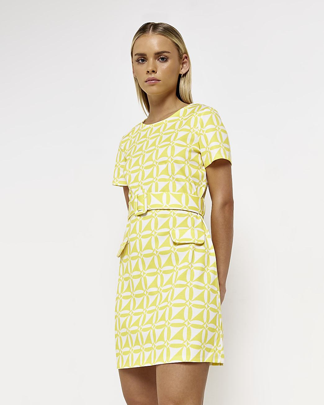 Petite yellow print shift mini dress | River Island (UK & IE)