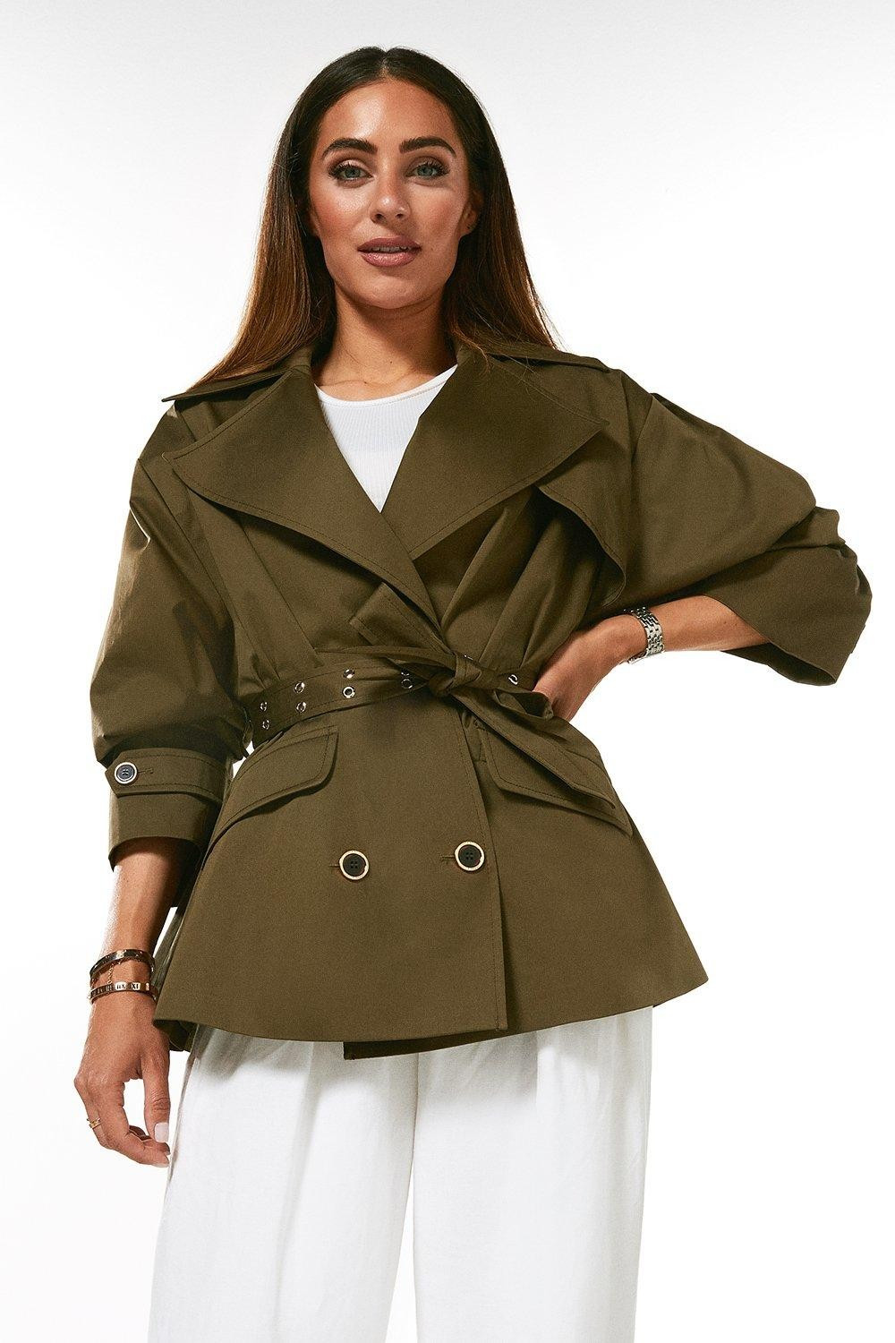 Polished Cotton Sateen Eyelet Belted Jacket | Karen Millen UK & IE