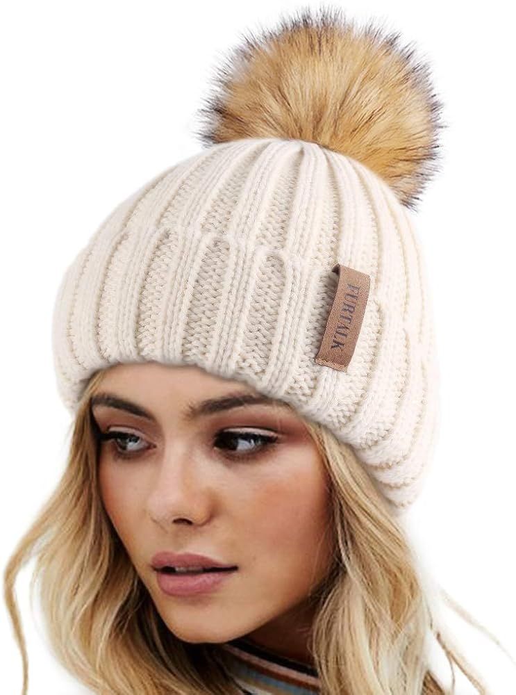 FURTALK Womens Winter Knitted Beanie Hat with Faux Fur Pom Warm Knit Skull Cap Beanie for Women… | Amazon (US)