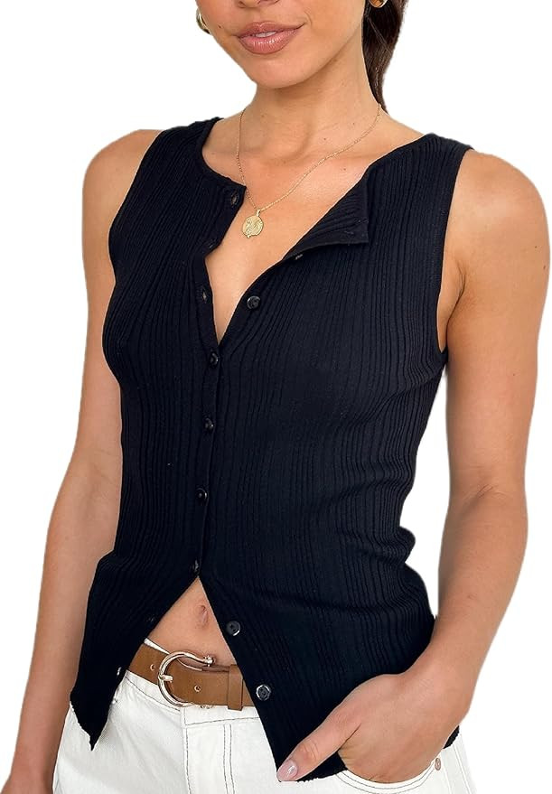 KMBANGI Women Button Down Knitted Vest Ribbed Tank Tops Button Up Open Front Knit Shirt Sleeveles... | Amazon (US)