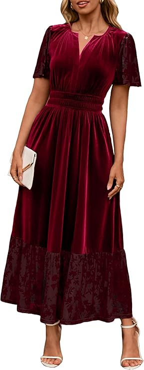 Simplee Women's Formal Velvet Maxi Dress Fall Winter V Neck Floral Short Sleeve Empire Waist Wedd... | Amazon (US)