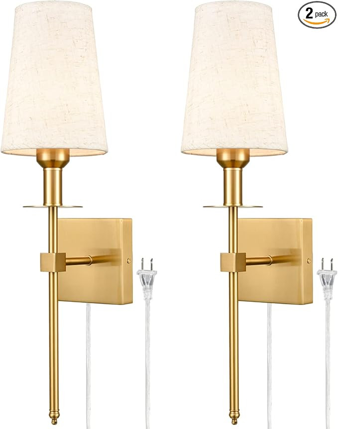 TEENYO Gold Wall Sconces Set of Two Plug in Sconces Wall Lighting with Fabric Shade Modern Bathro... | Amazon (US)
